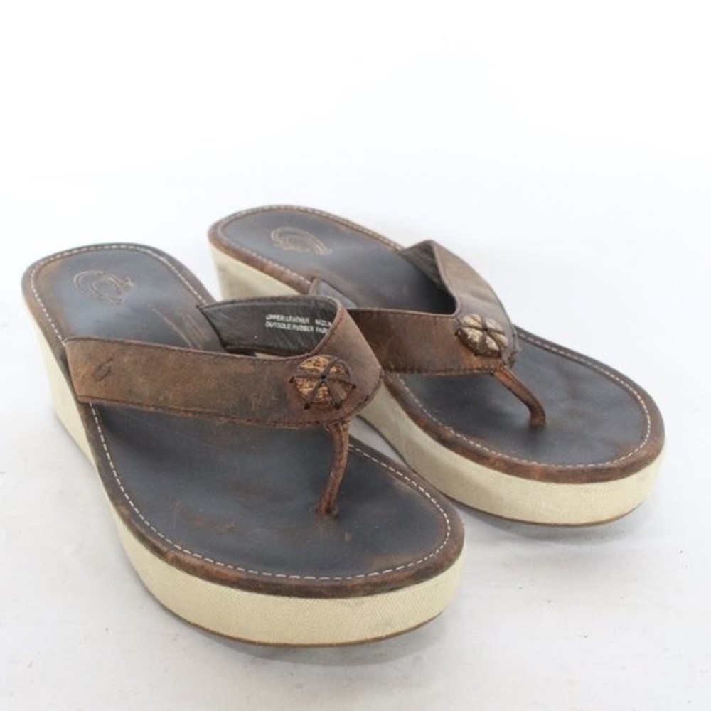 Olukai Women's Melia Wedge Y2K Sandals Leather Shoes Size 8 Eur 38 Flip Flops